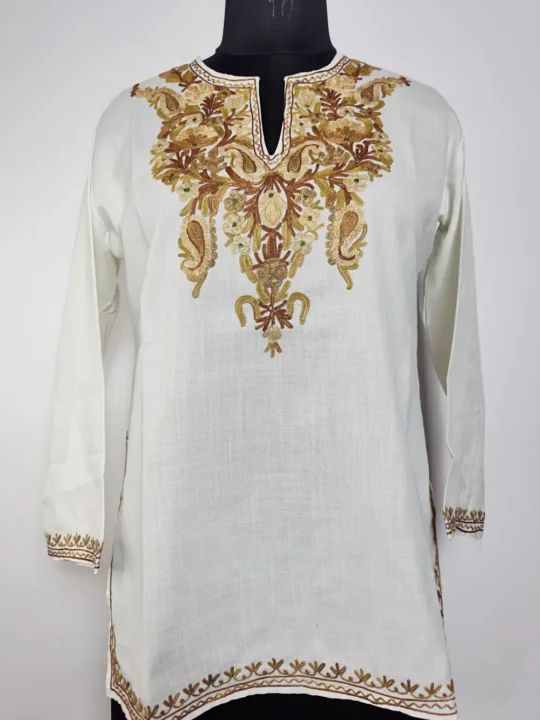 Saima White Kashmiri Short Ruby Cotton Kurti with Aari Embroidery