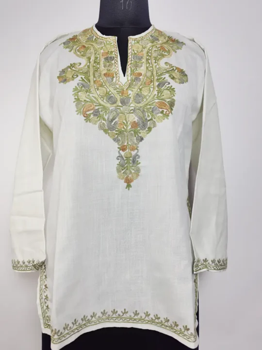 White Kashmiri Short Kurti with Aari Embroidery in Ruby Cotton Zeenat