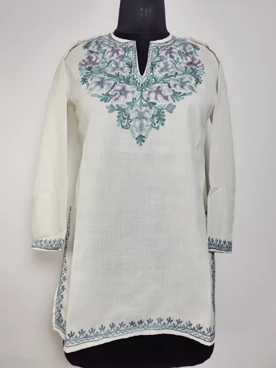 White Kashmiri Short Ruby Cotton Kurti Haiqa with Aari Embroidery