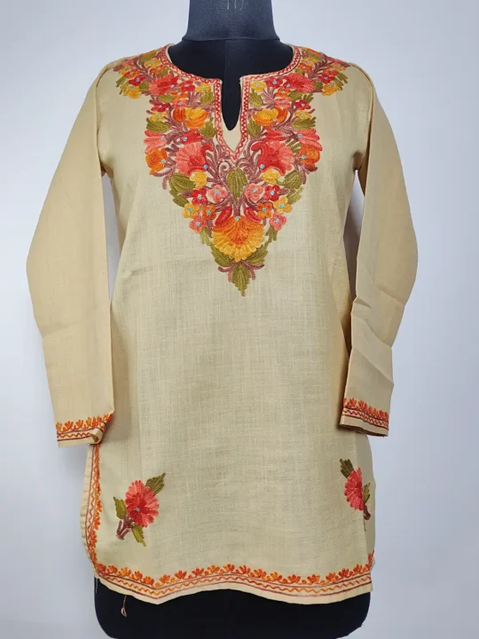Saba Beige Kashmiri Short Kurti with Aari Embroidery in Ruby Cotton