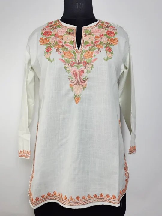 Daniya White Kashmiri Short Ruby Cotton Kurti with Aari Work