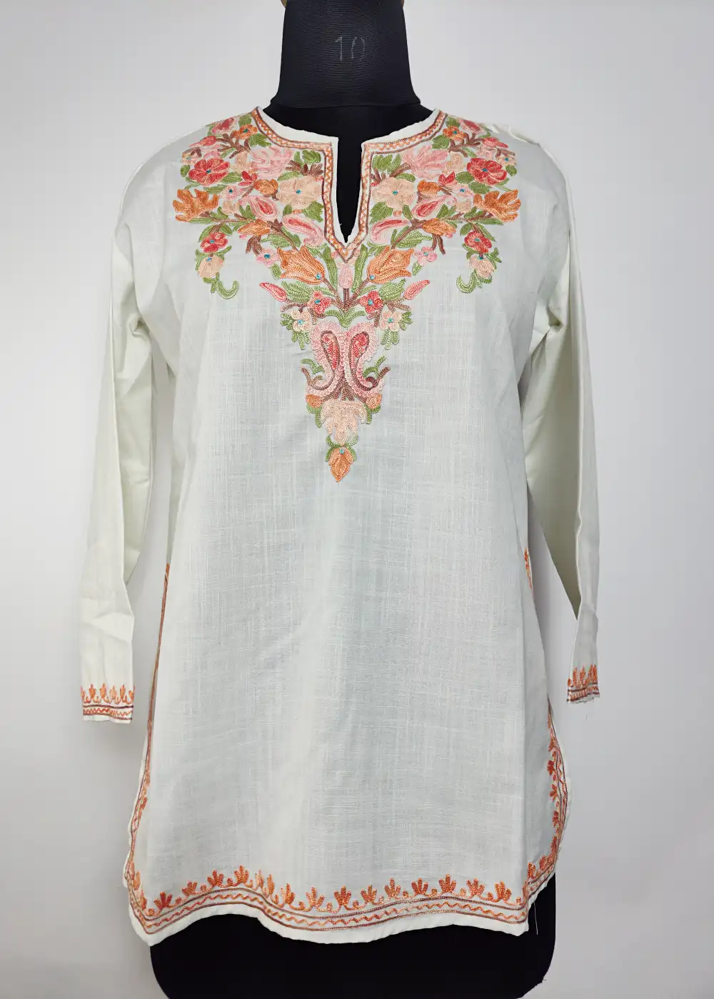 Daniya White Kashmiri Short Ruby Cotton Kurti with Aari Work