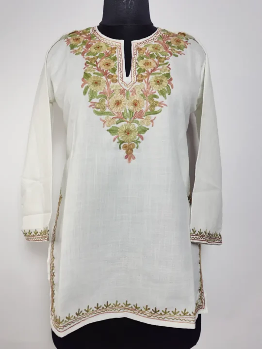 Kashmiri White Short Kurti with Aari Work in Ruby Cotton