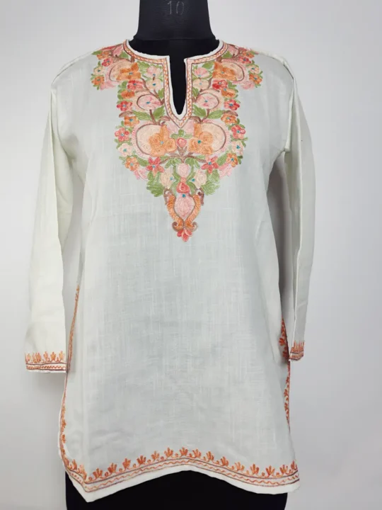 Kashmiri Short Kurti White with Aari Work in Ruby Cotton Bahar