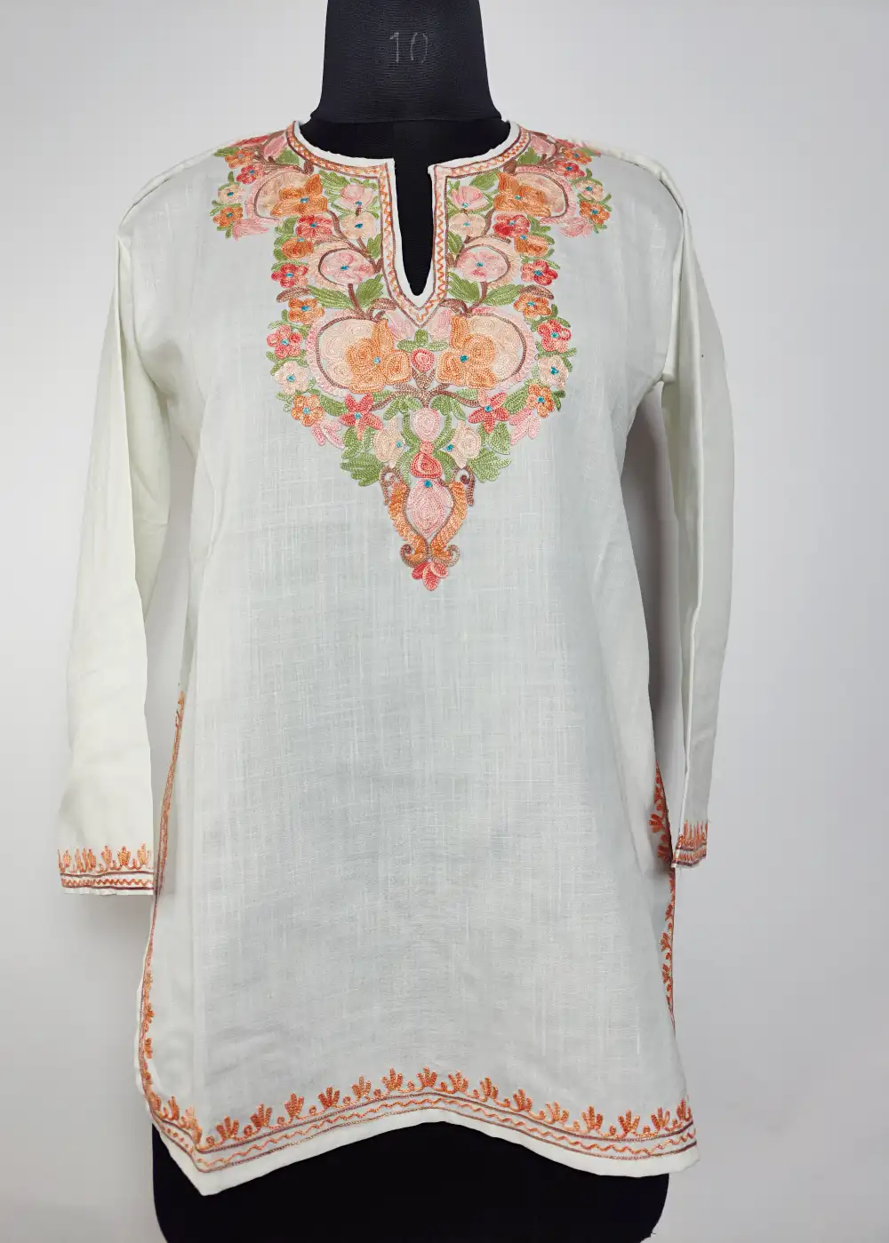 Kashmiri Short Kurti White with Aari Work in Ruby Cotton Bahar