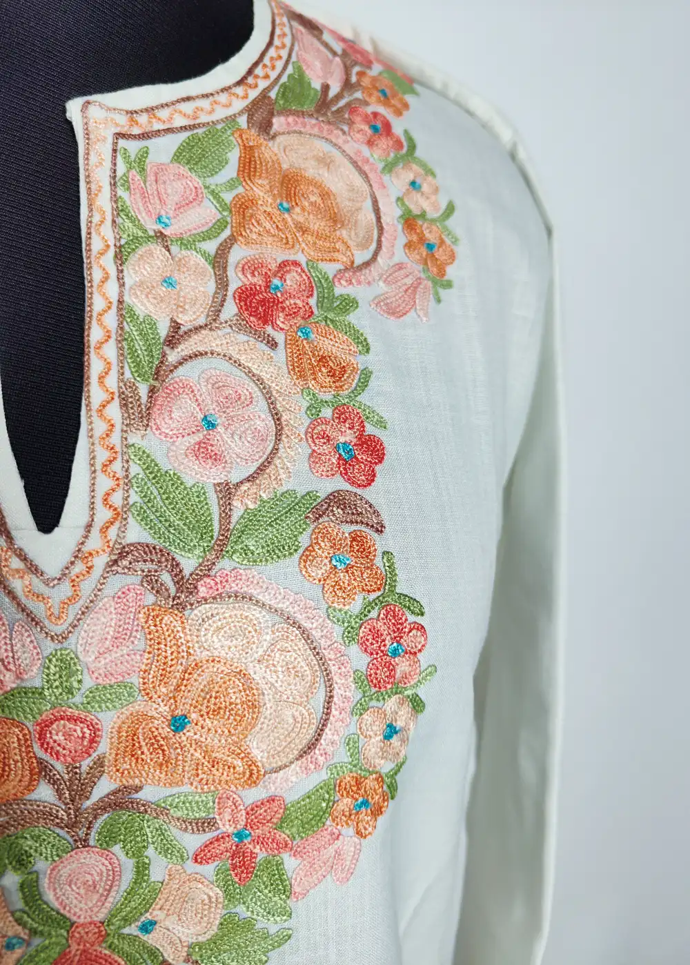 Kashmiri Short Kurti White with Aari Work in Ruby Cotton Bahar - Image 2