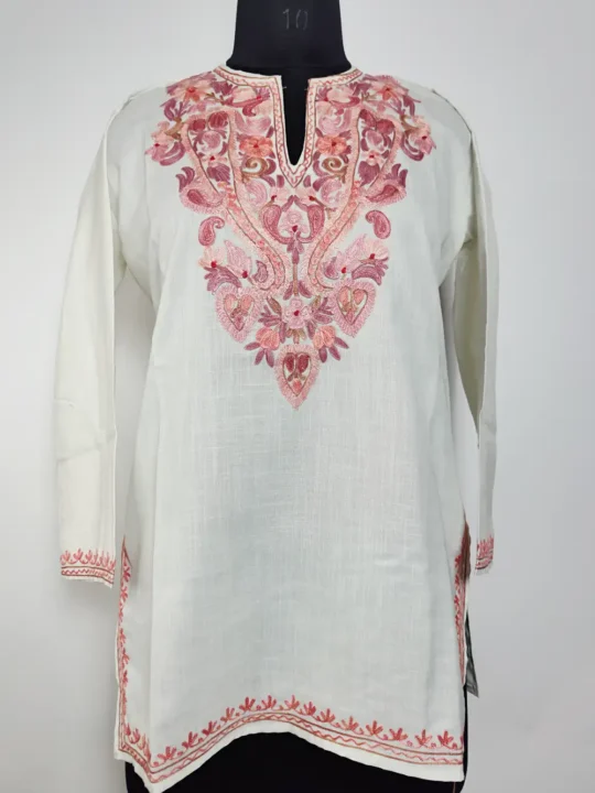 White Saniya Kashmiri Short Kurti in Ruby Cotton with Aari Embroidery