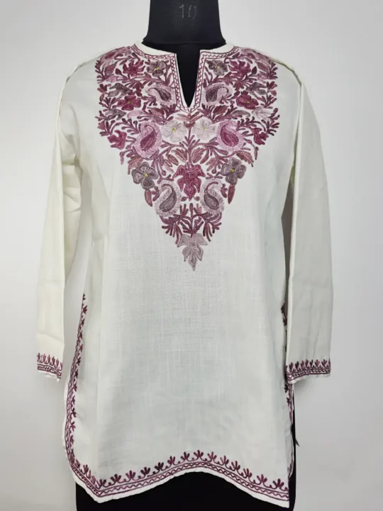 Kashmiri White Short Kurti in Ruby Cotton with Aari Embroidery Sadabahar