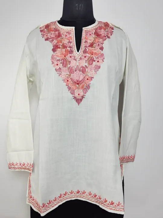 Kashmiri Short Kurti White in Ruby Cotton with Aari Embroidery Saniya