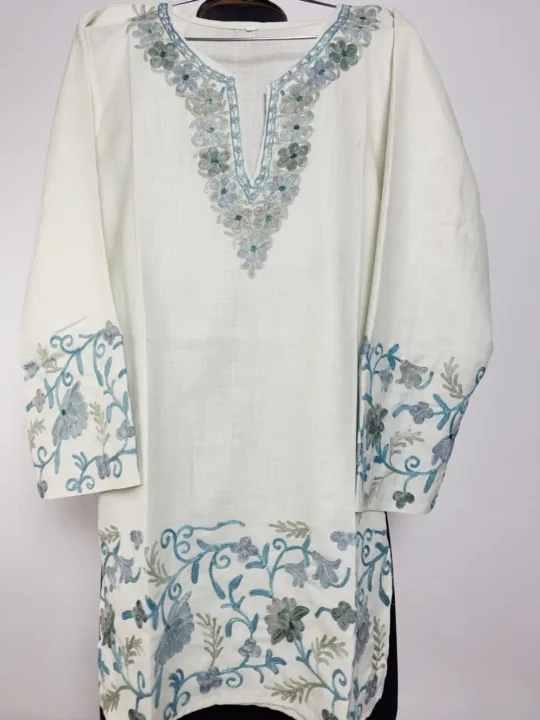 White Kashmiri Short Kurti with Aari Embroidery in Ruby Cotton Mahiya