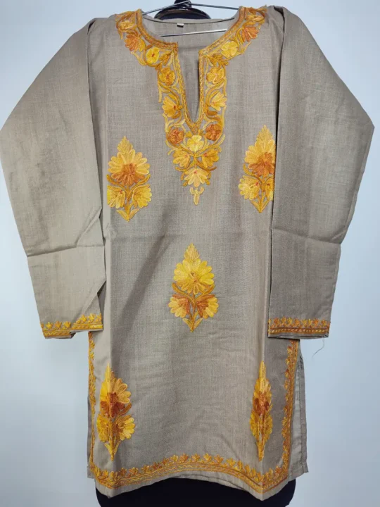 Zaira Beige Kashmiri Short Kurti with Booti Aari Embroidery in Ruby Cotton