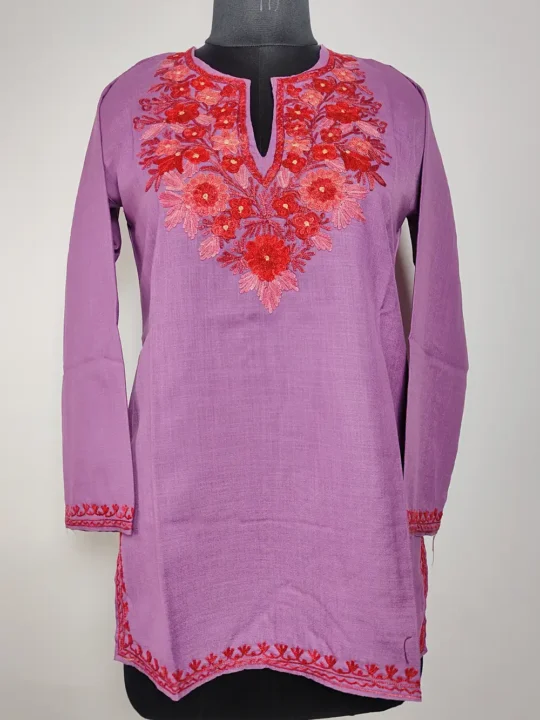Poshgul Lavender Kashmiri Short Kurti with Aari Embroidery in Ruby Cotton