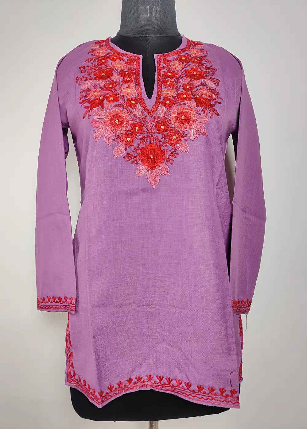 Poshgul Lavender Kashmiri Short Kurti with Aari Embroidery in Ruby Cotton