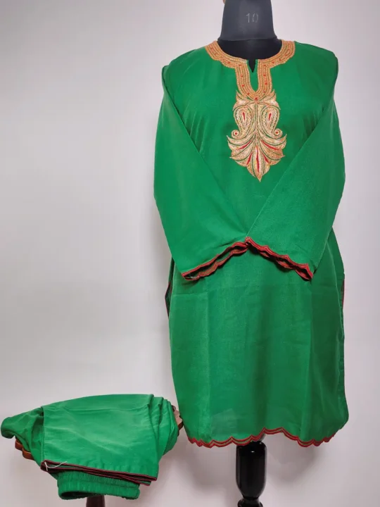 Gulnar Kashmiri Long Summer Cool Green Kurti Set with Botte Tilla Embroidery