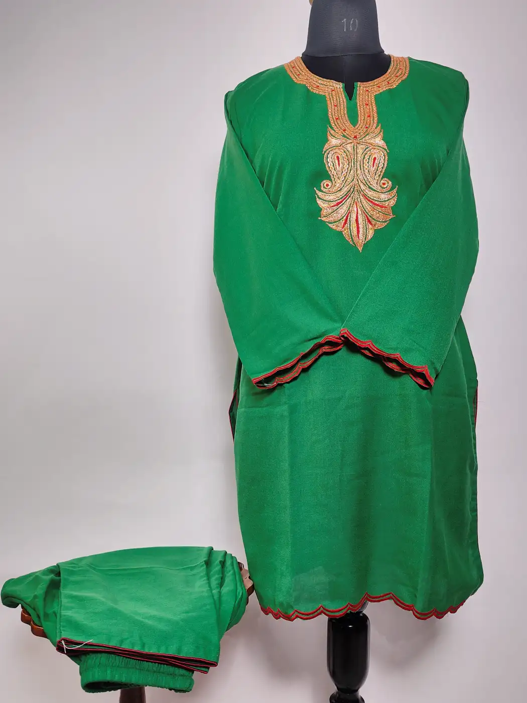 Gulnar Kashmiri Long Summer Cool Green Kurti Set with Botte Tilla Embroidery