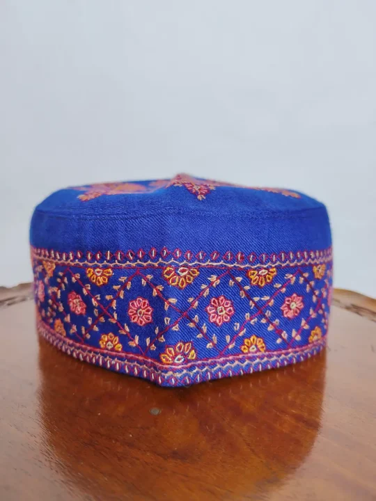 Mehrban Blue Toosha Cap with Kashmiri Hand Sozni Embroidery