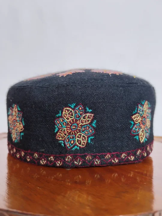 Black Toosha Cap with Kashmiri Hand Sozni Embroidery Shareef