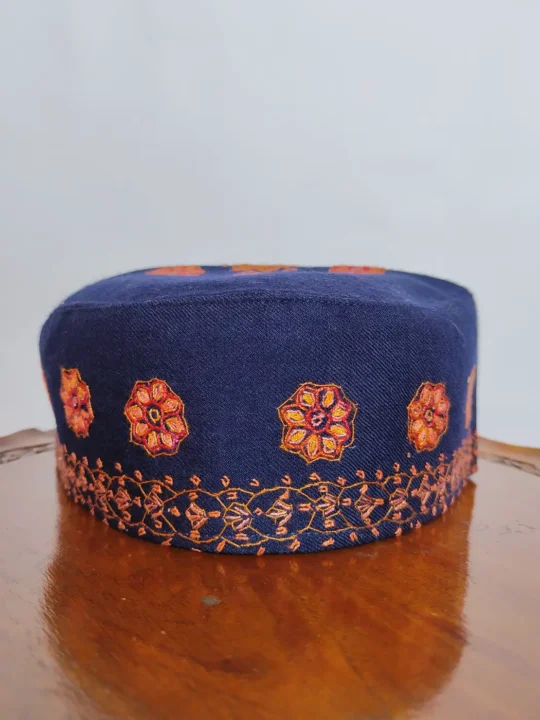 Rufaid Dark Blue Toosha Cap with Kashmiri Hand Sozni Embroidery