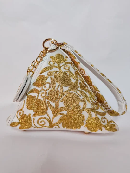 Khazana White Triangle Potli Bag with Zari Embroidery