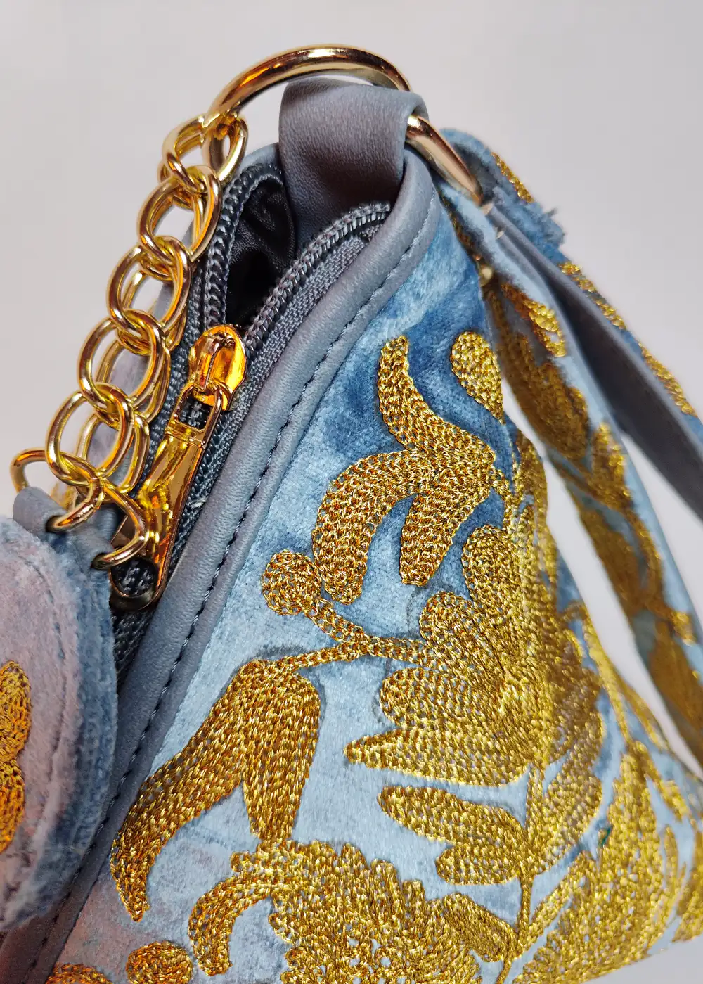 Demin Blue Nazrana Triangle Potli Bag with Zari Embroidery - Image 2