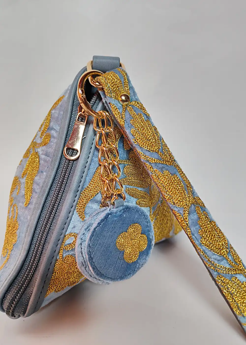 Demin Blue Nazrana Triangle Potli Bag with Zari Embroidery - Image 3