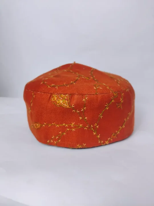 Orange Kashmiri Cap with all over Hand Sozni Embroidery