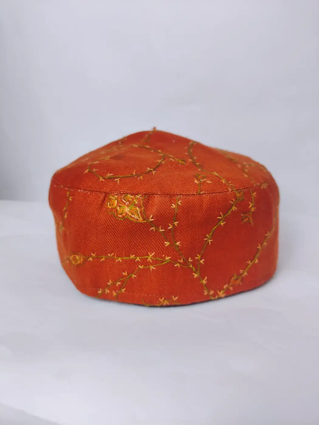 Orange Kashmiri Cap with all over Hand Sozni Embroidery