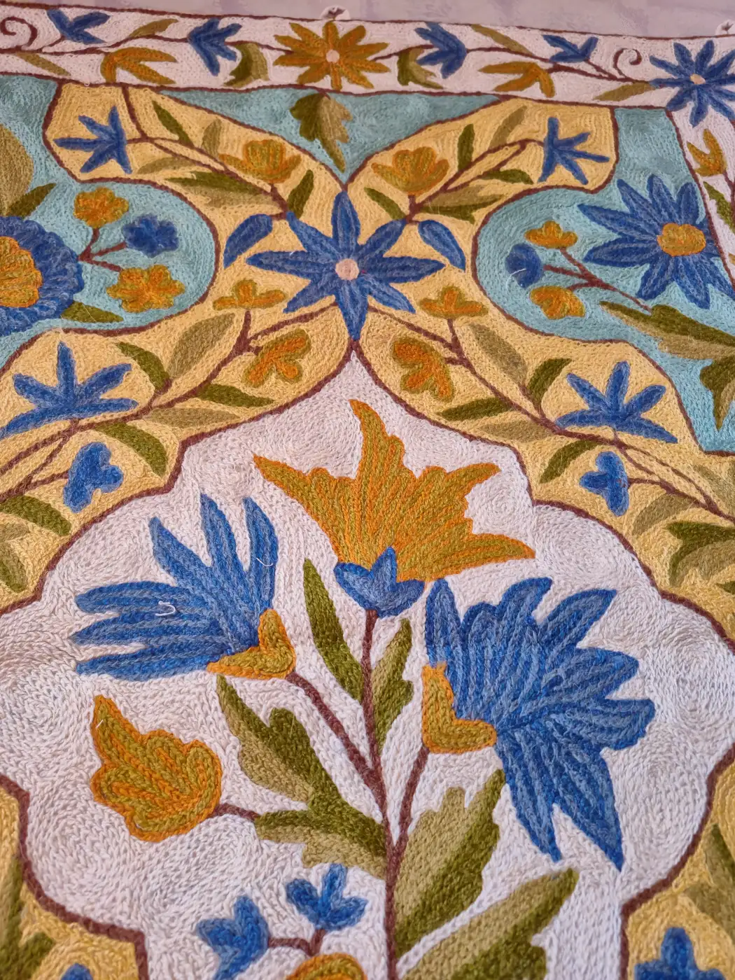 Kashmiri Hand Embroidered Wall Hanging with Wool Chain Stitch | 3×2 | Petal Paradise - Image 2