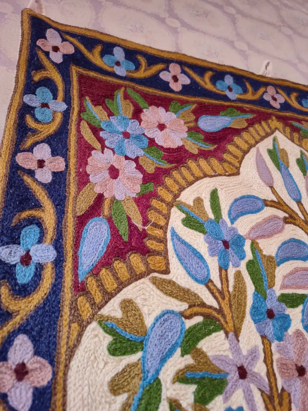 Kashmiri Hand Embroidered Wall Art - Floral Arch - with Wool Chain Stitch | 3×2 - Image 4