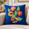 Blue Hand Embroidered Kashmiri Crewel Cushion Cover 12x12