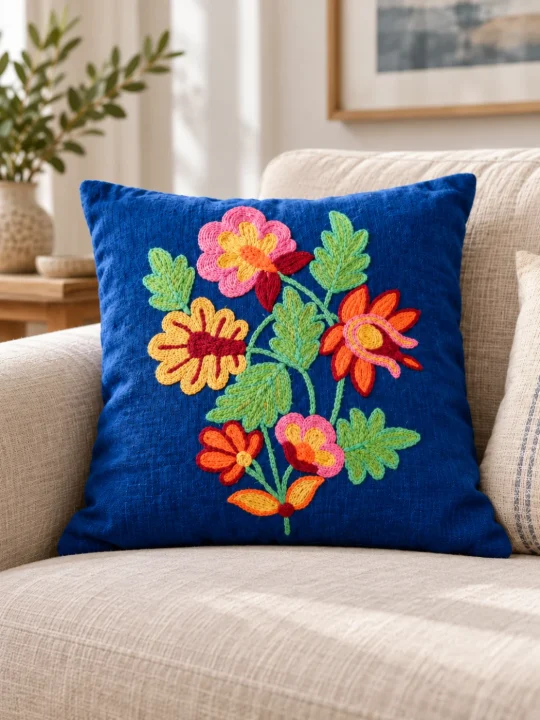 Blue Hand Embroidered Kashmiri Crewel Cushion Cover 12x12