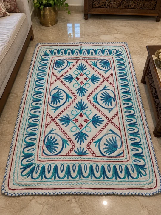 Pure Wool Namda in 6×4 ft - Hand Aari Embroidery with Blue