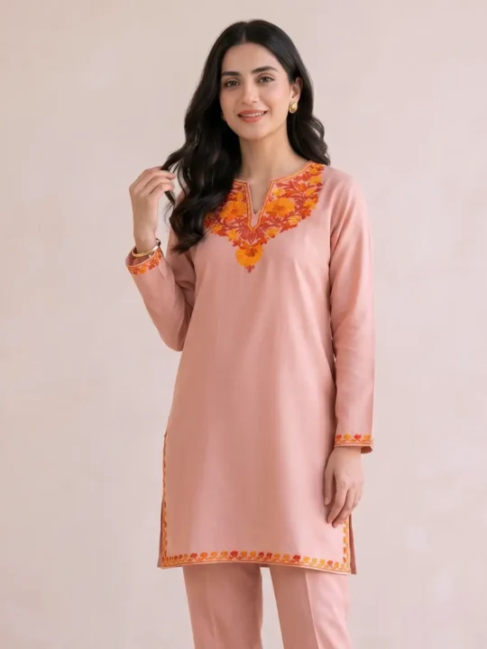 Nunchai Pink Kashmiri Short Summer Cool Cotton Kurti with Aari Embroidery