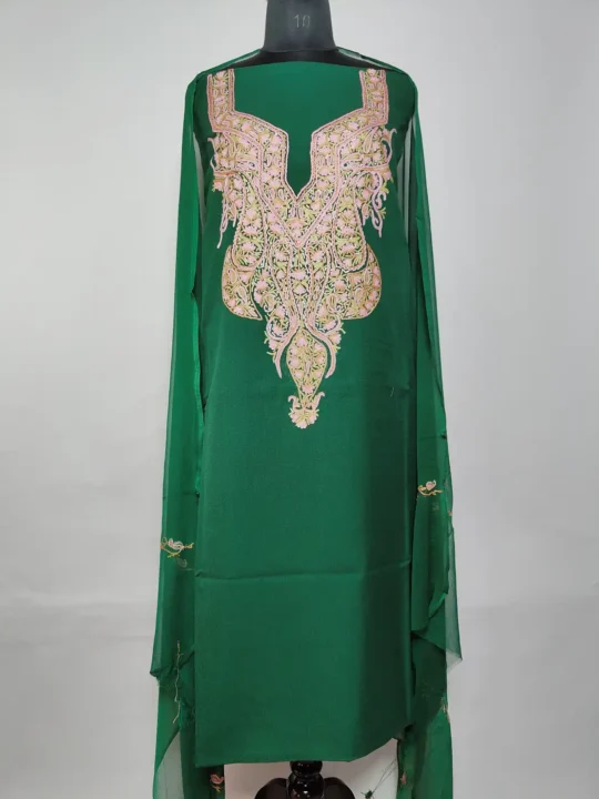 Dark Green 3pc Suit in Summer Cool Cotton with Rukhsar Hand Sozni Work
