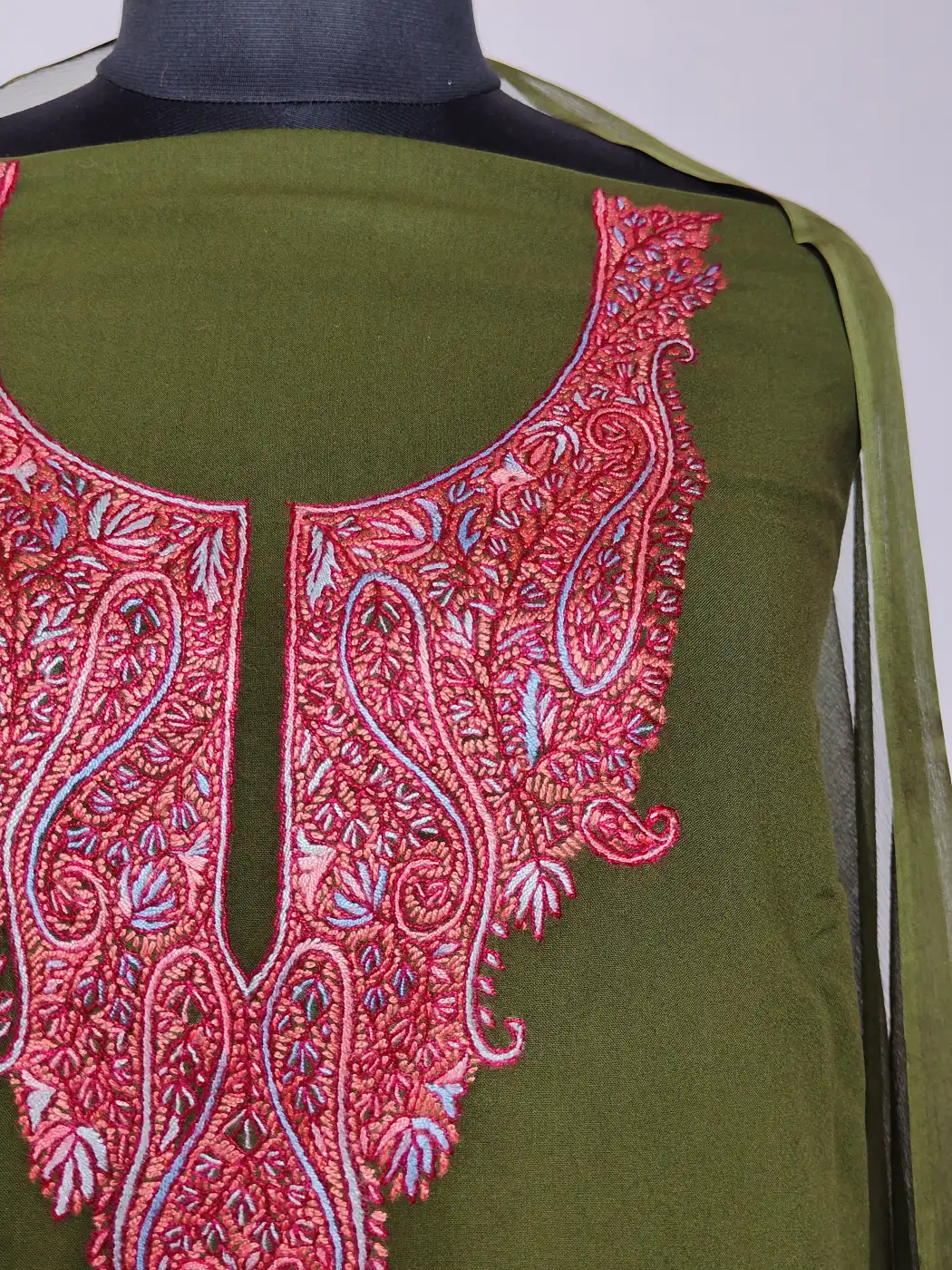 3pc Olive Green Summer Cool Naaz Suit with Dupatta in Cotton with Hand Sozni - Image 3