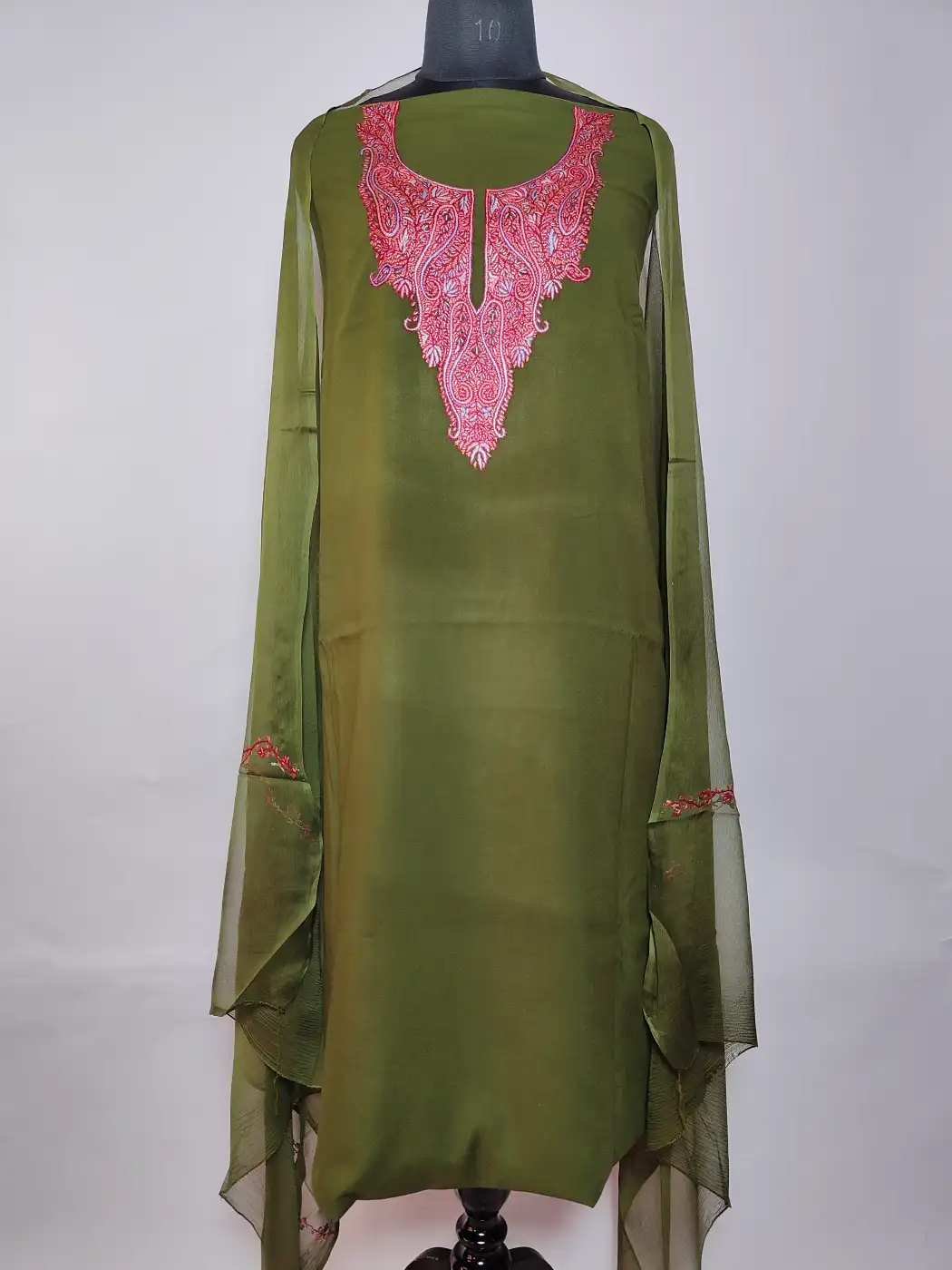 3pc Olive Green Summer Cool Naaz Suit with Dupatta in Cotton with Hand Sozni