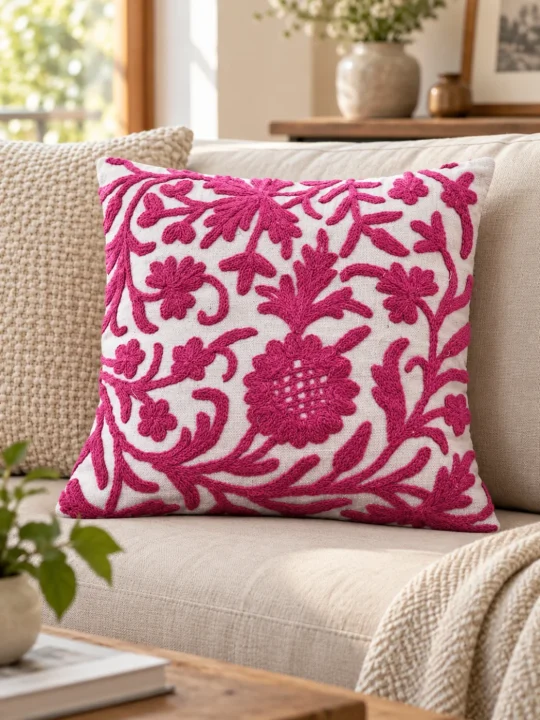 Pink Hand Embroidered Kashmiri Crewel 12x12 Cushion Cover