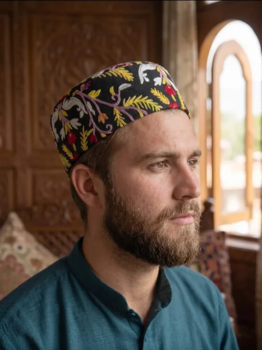 Classic Kashmiri Cap in Black with Premium Hand Aari Embroidery