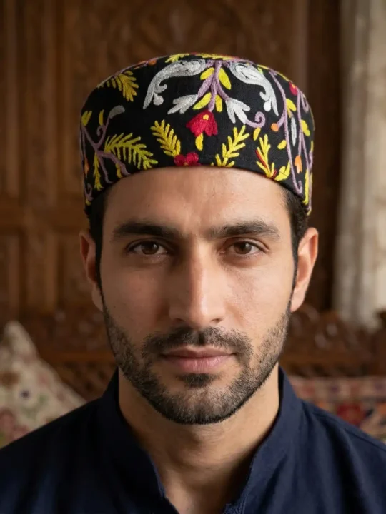 Classic Kashmiri Cap in Black with Premium Hand Aari Embroidery