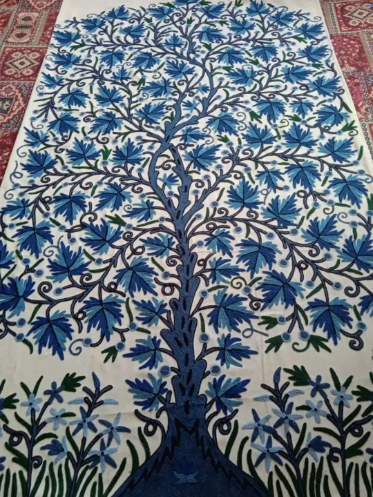 Crewel Kashmiri Curtain in Blue Chinar Tree - Buyeen