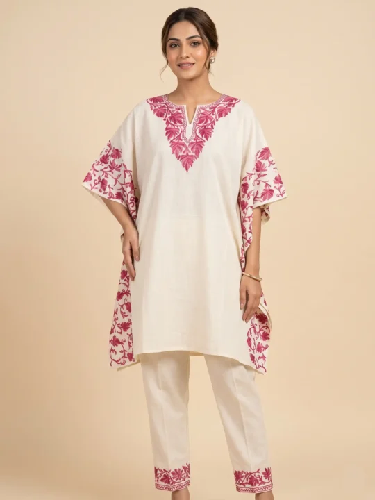 Farosh White Cotton Kaftan Set with Aari Embroidery