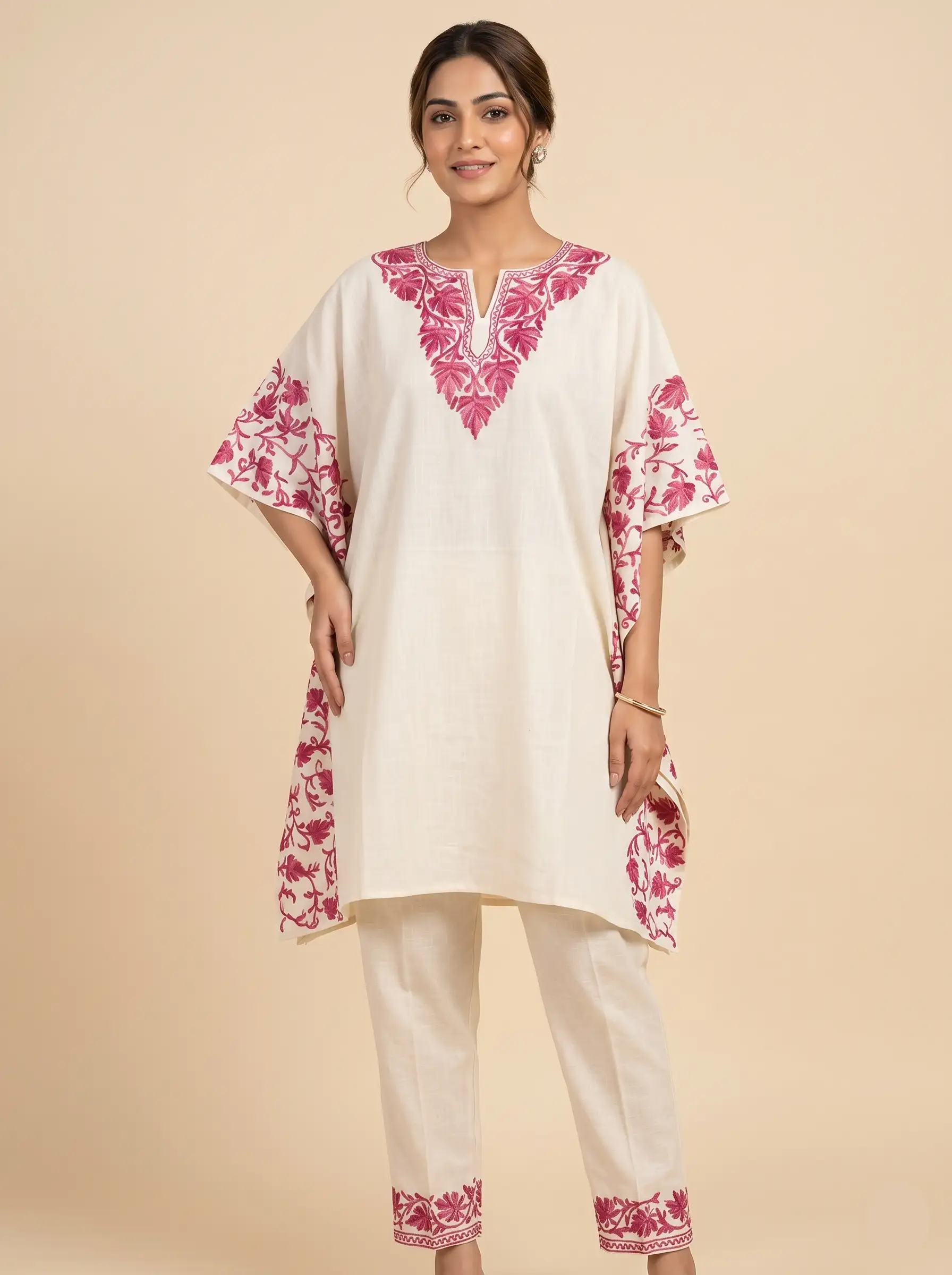 Farosh White Cotton Kaftan Set with Aari Embroidery