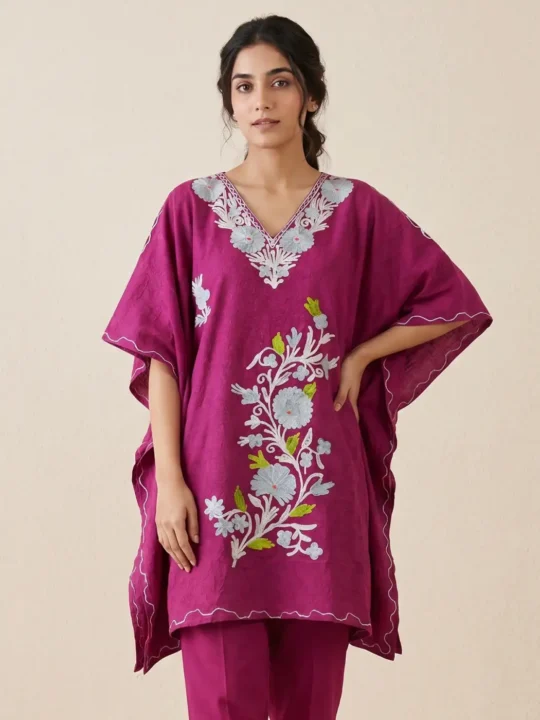 Kashmiri Short Crush Cotton Maroon Kaftan with Yuvarah Aari Embroidery