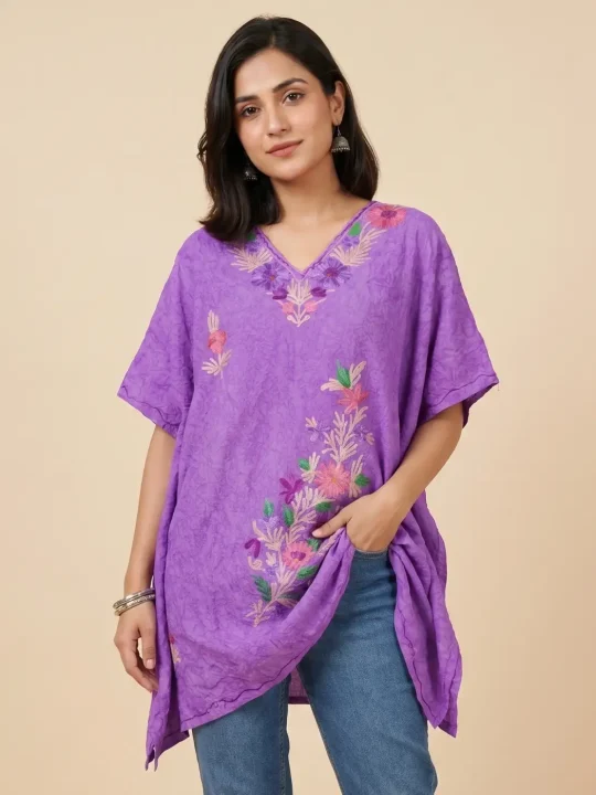 Kashmiri purple Short Crush Cotton Kaftan with Aari Embroidery