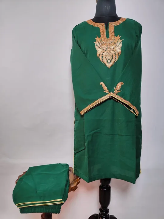 Afsheen Dark Green Long Kashmiri Summer Cool Cotton Kurti Set with Botte Tilla Embroidery