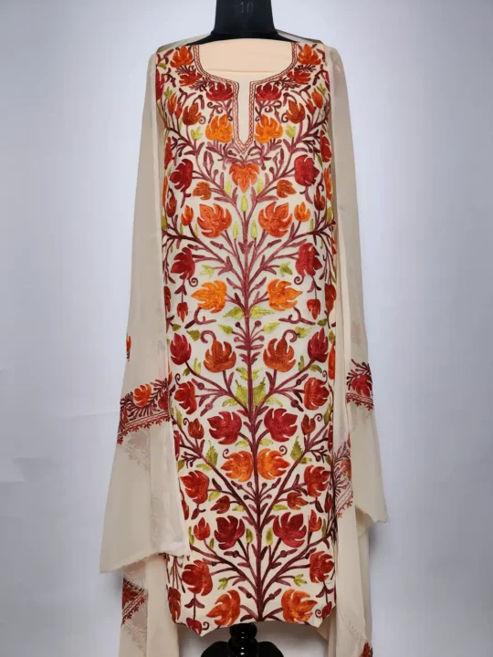 Cream Kashmiri 3pc Suit Nihayat in Georgette with Aari Work