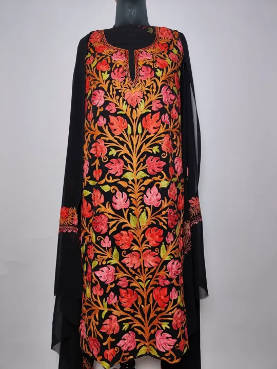 Kashmiri 3pc Black Suit in Georgette with Aari Work | Gulrukh