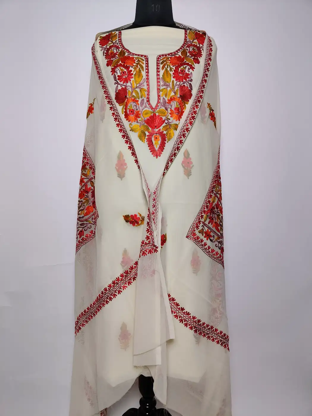 White Kashmiri 3pc Suit in Georgette with Mehrunnisa Aari Work