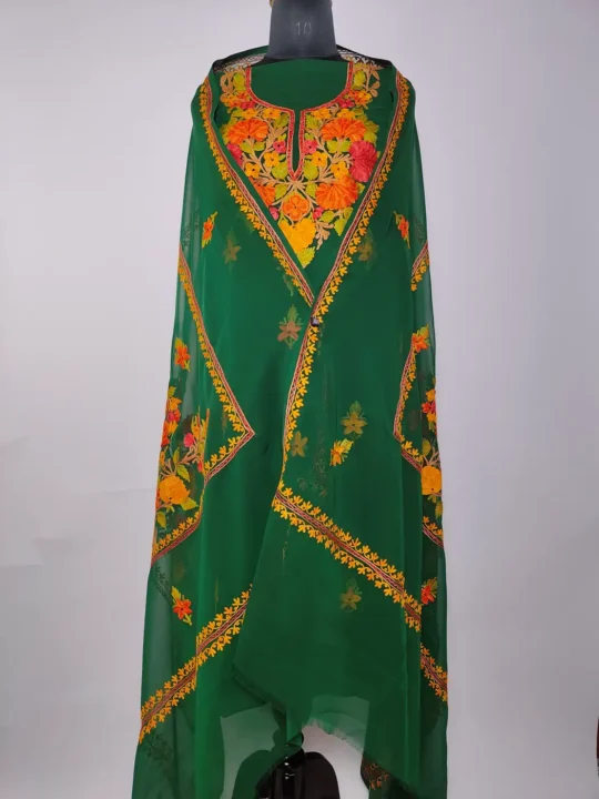 Dark Green Kashmiri 3pc Suit in Georgette with Aari Work Zareef