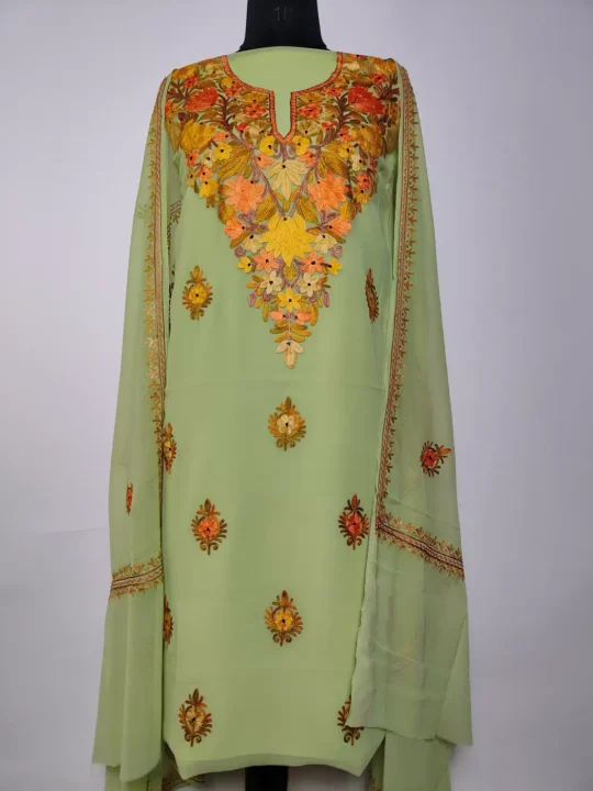 Tea Green Kashmiri 3pc Suit in Georgette with Firoz Aari Work